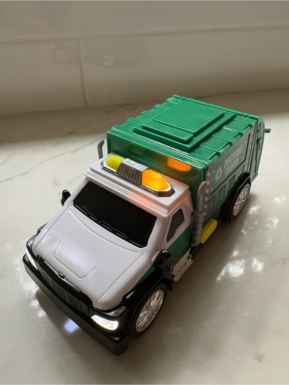 Green & White Toy Garbage Truck with Lights - Kids Toys